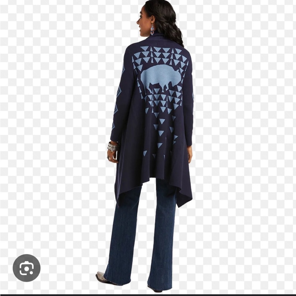 Ariat Women's Navy and Light‎ Blue Cardigan with bull design in back.